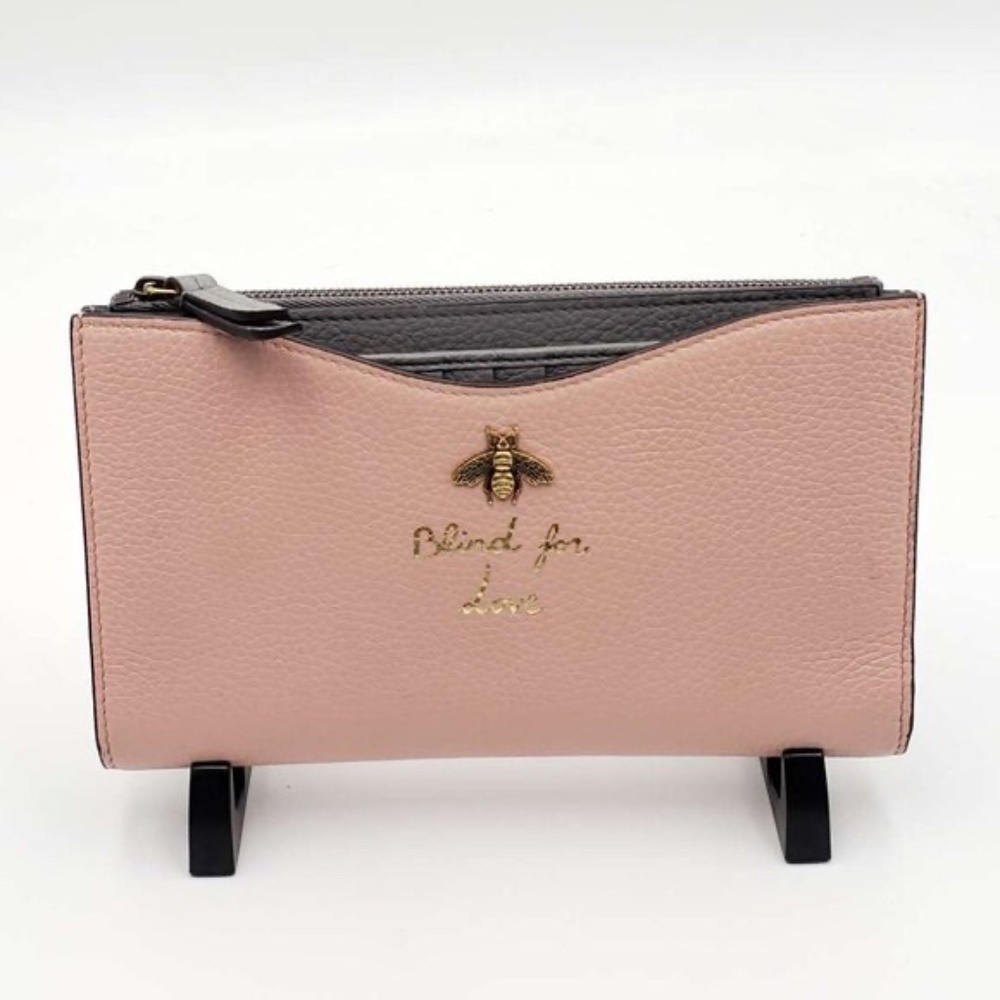 Authentic Gucci Bee Logo Pink Leather Zip Wallet Clutch|Luxury Designer Wristlet - Picture 2 of 15